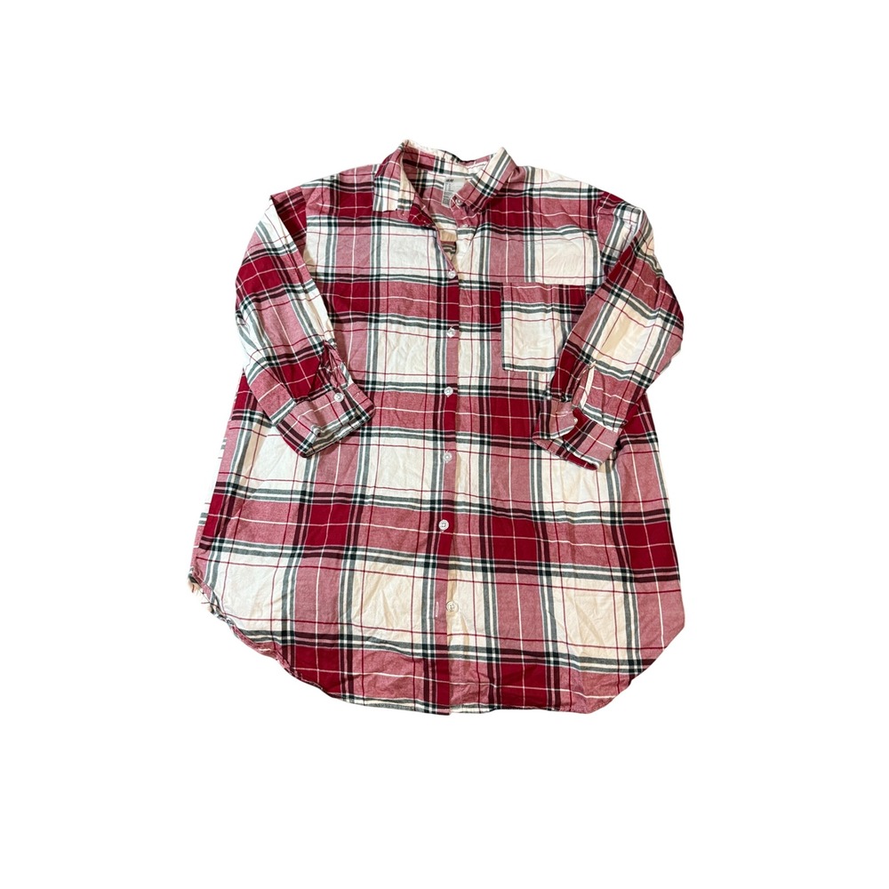 NWOT H&M Plaid Button‎ Down Dress Red Green White Size XL Long Sleeve Cotton